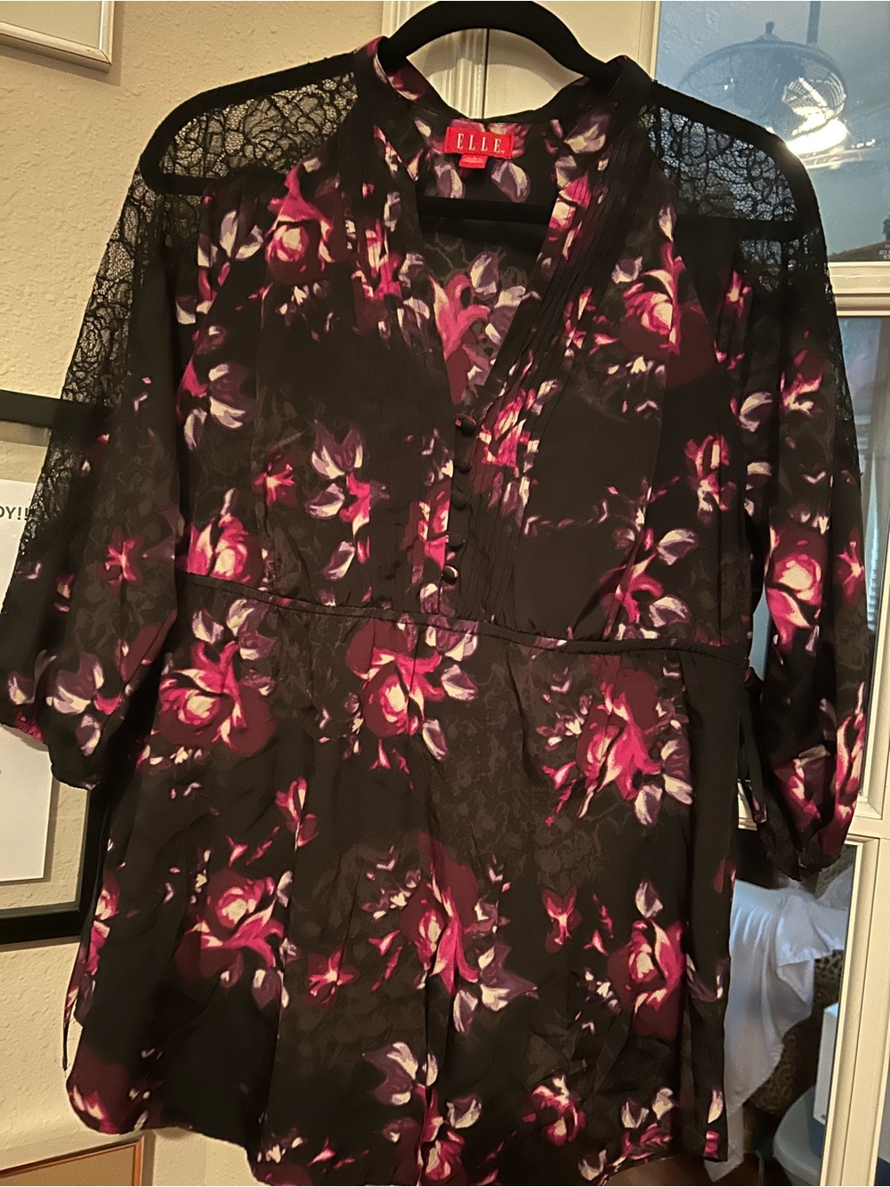 Elle Black Floral V-Neck Tunic with Pink & Purple Accents